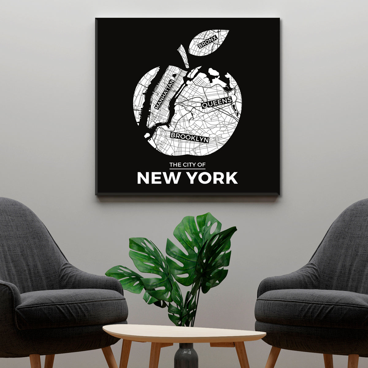 New York Big Apple City Map Typography Style Poster Maps Canvas Artwork Artesty 1 Panel 12"x12" 