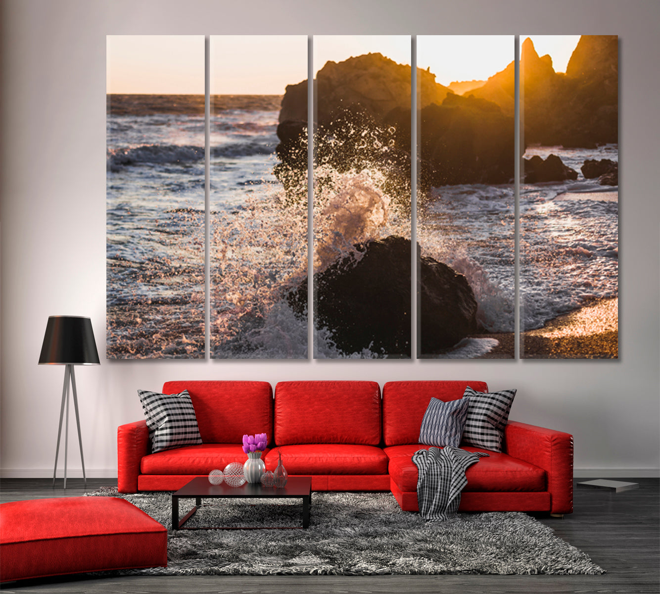 Waves Crashing on Rocks Sunlight Sea Marina Scenery Seascape Nature Wall Canvas Print Artesty   