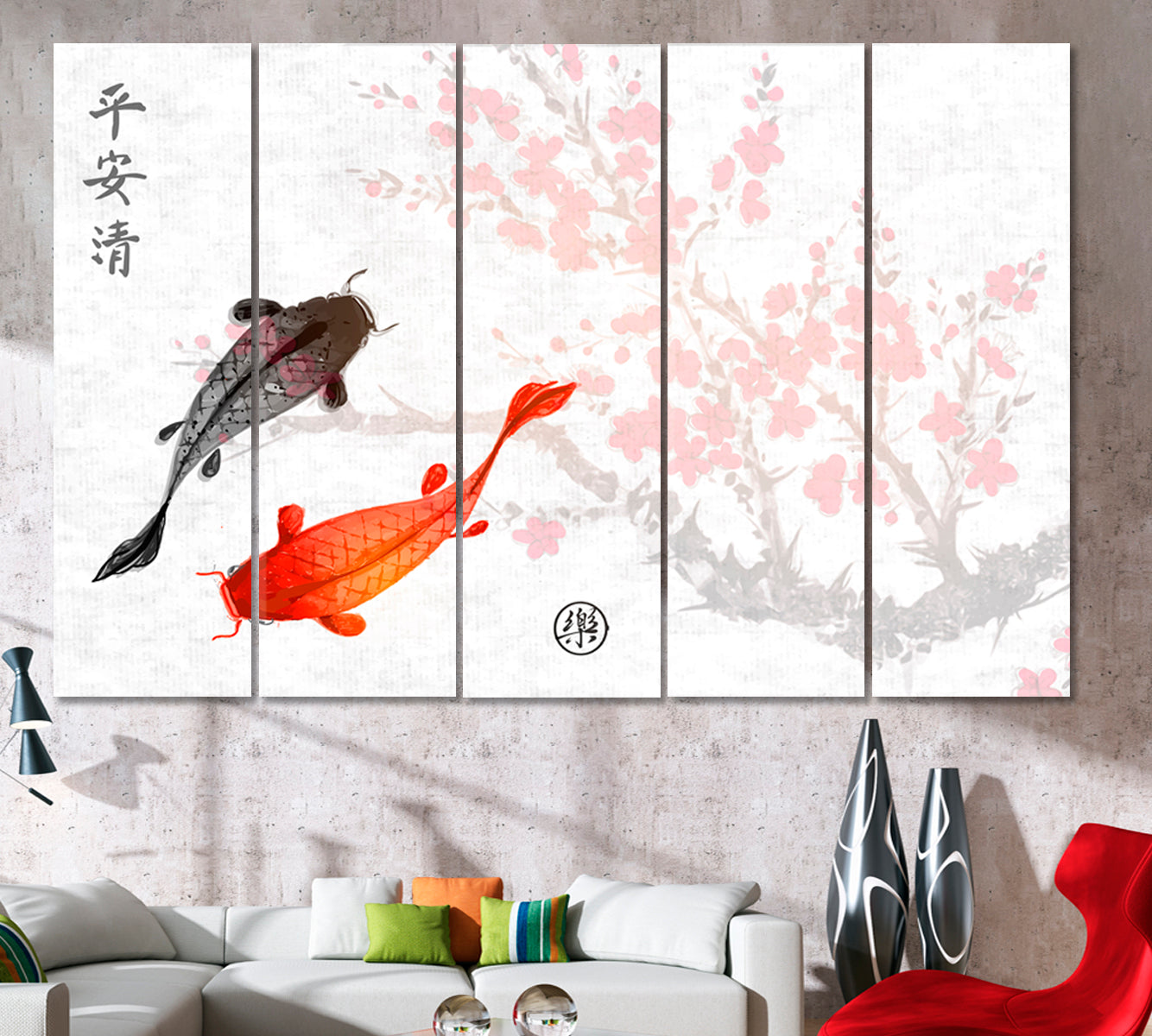 ZEN Sakura Koi Fishes Traditional Oriental Peace Tranquility Clarity Joy Asian Style Canvas Print Wall Art Artesty   