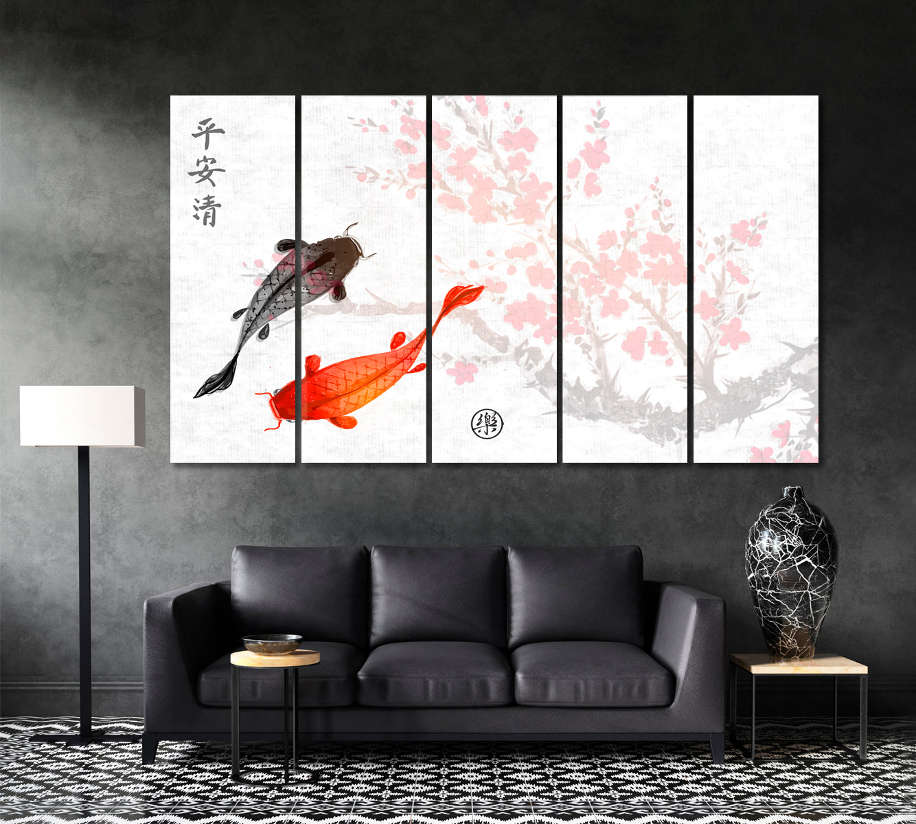 ZEN Sakura Koi Fishes Traditional Oriental Peace Tranquility Clarity Joy Asian Style Canvas Print Wall Art Artesty 5 panels 36" x 24" 