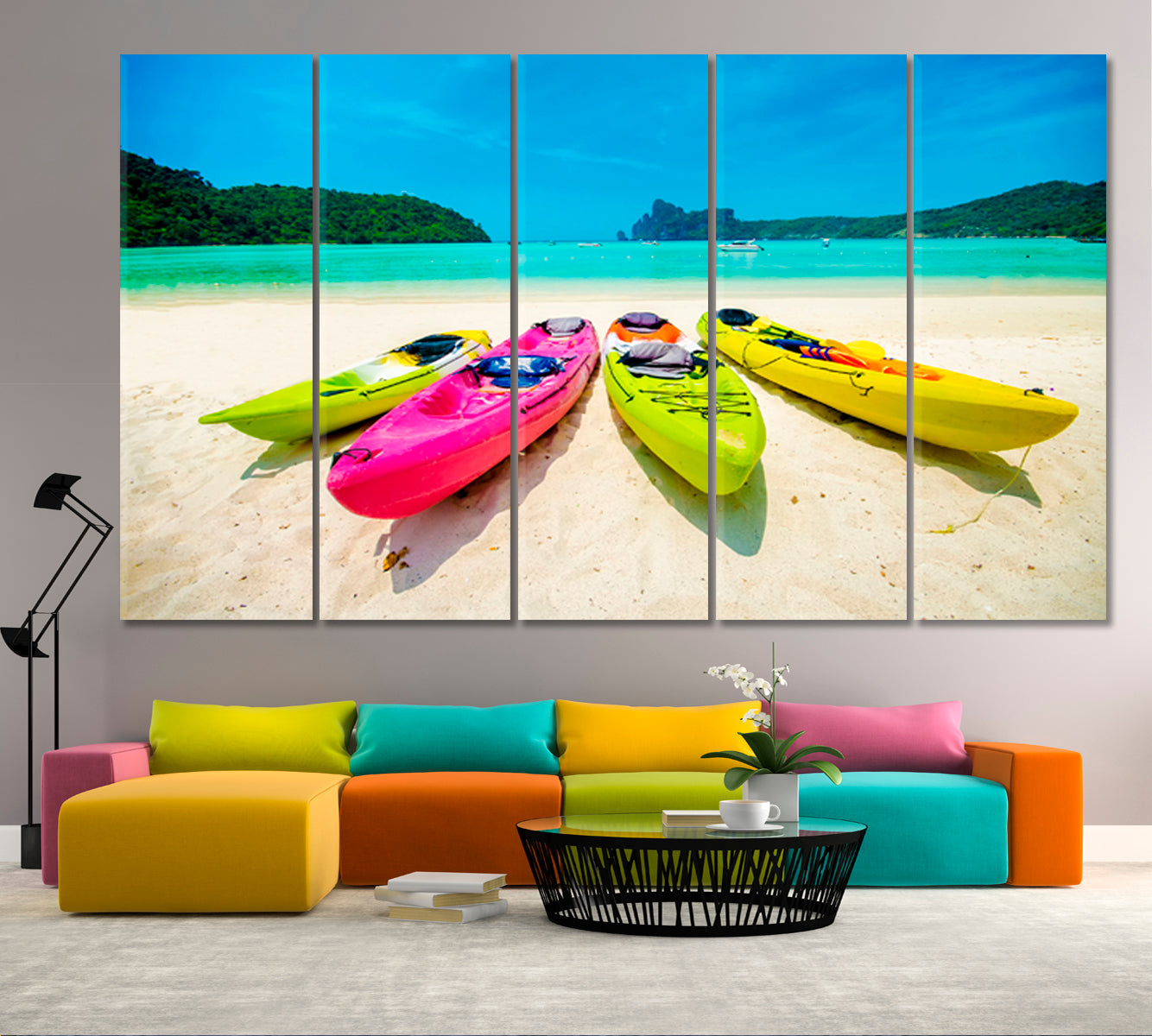 ADVENTURE Colorful Kayaks Boat Caribbean Beach Blue Ocean Traveling Around Ink Canvas Print Artesty 5 panels 36" x 24" 