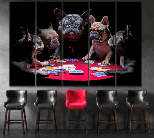 Bold Bluff Whimsical Funny French Bulldogs Dogs Playing Poker Animals Canvas Print Artesty 5 panels 36" x 24" 