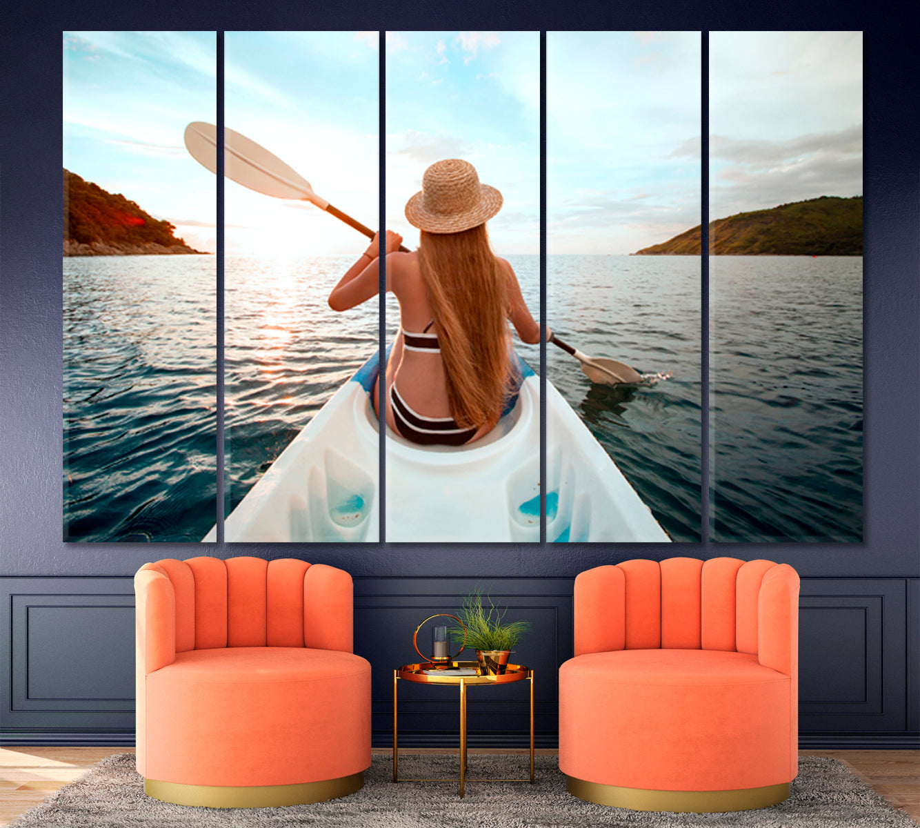 ADVENTURE Canoe Kayak Young Woman Boat Water Sport Active Lifestyle Concept Traveling Around Ink Canvas Print Artesty 5 panels 36" x 24" 