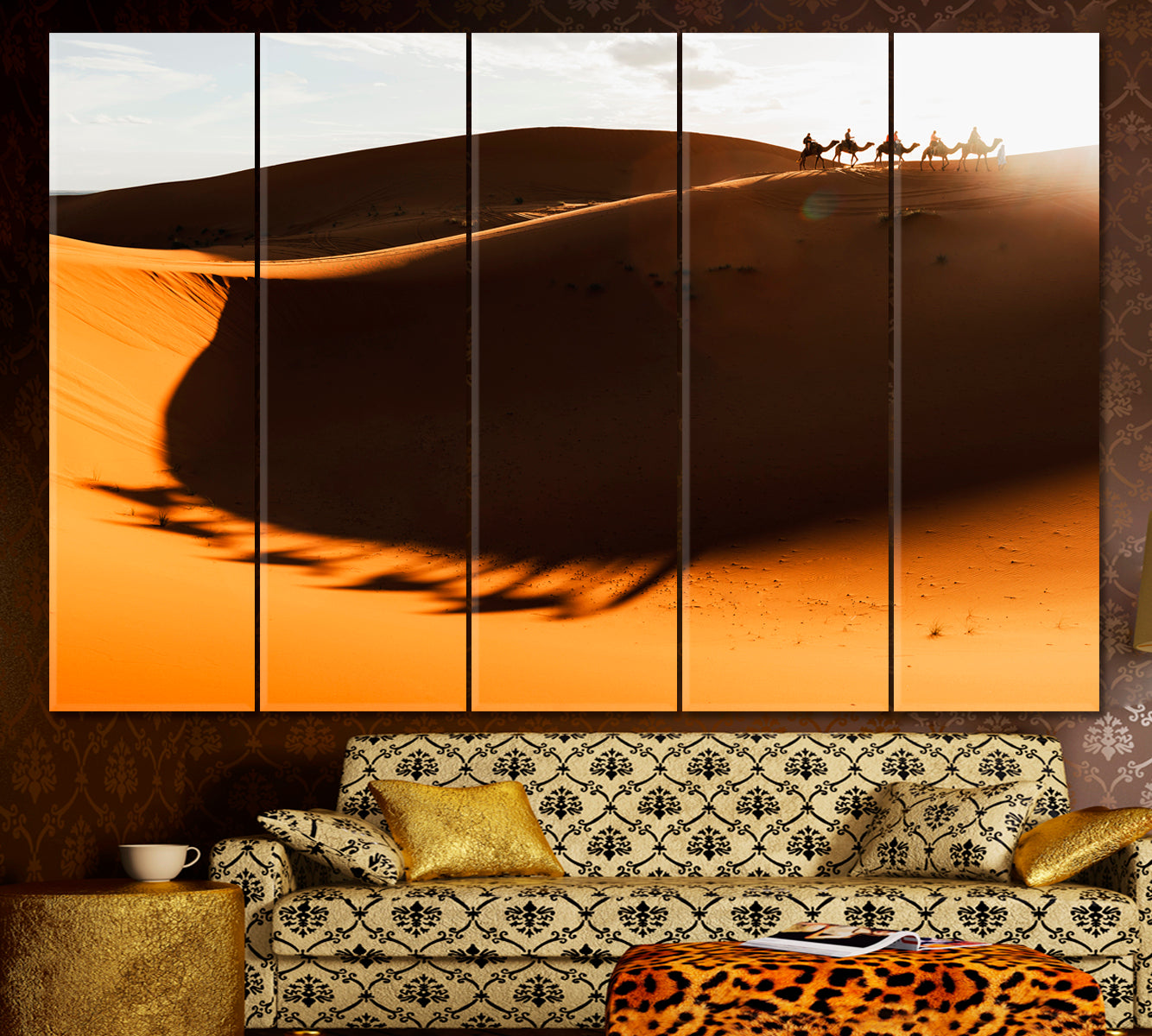 CAMEL CARAVAN Desert Sand Dunes Light of Sunset Shadows Sahara Canvas Print Scenery Landscape Fine Art Print Artesty   