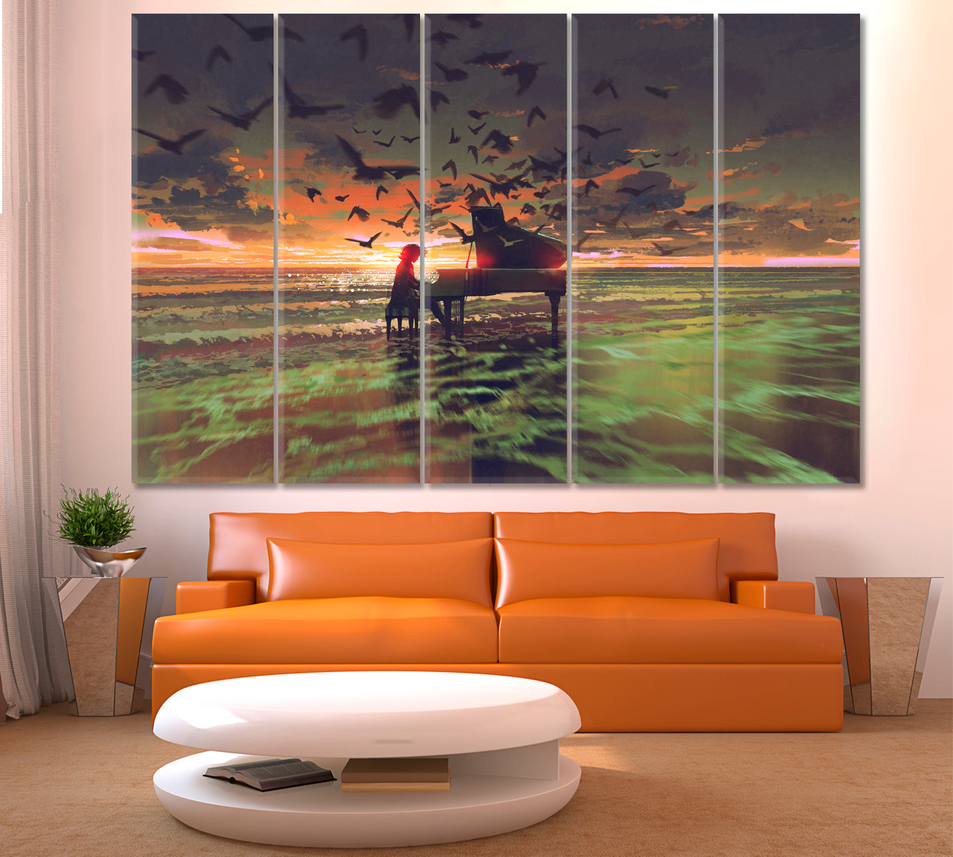 FANTASY Pianist On The Ocean Stunning Unique Mysterious Surreal Fantasy Large Art Print Décor Artesty 5 panels 36" x 24" 