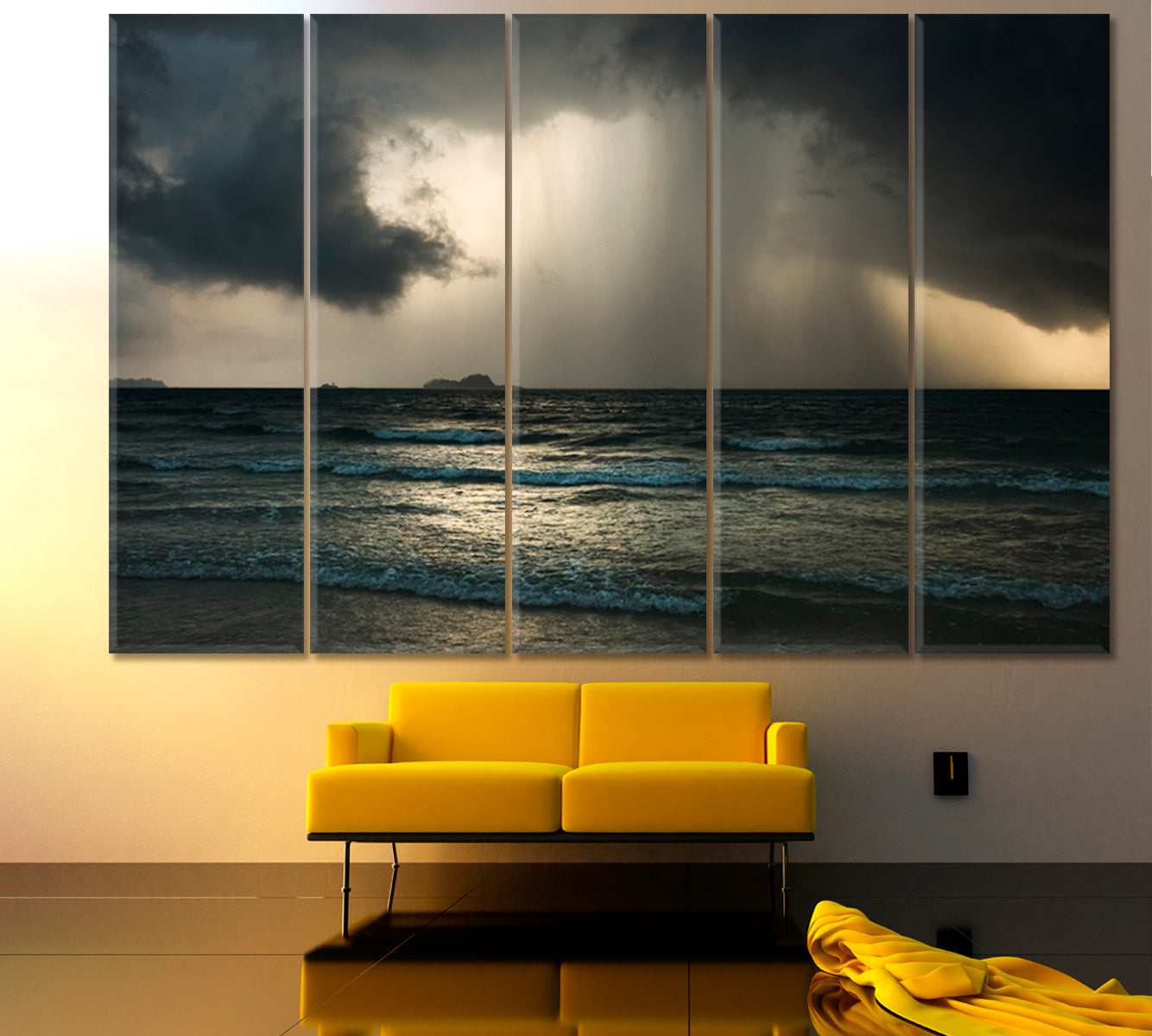 Amazing Dramatic Seascape with Storm Rain Dark Clouds Scenery Landscape Fine Art Print Artesty 5 panels 36" x 24" 