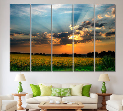 Colorful Sunset Sun Rays Amazing Field of Sunflowers Landscape Scenery Landscape Fine Art Print Artesty   