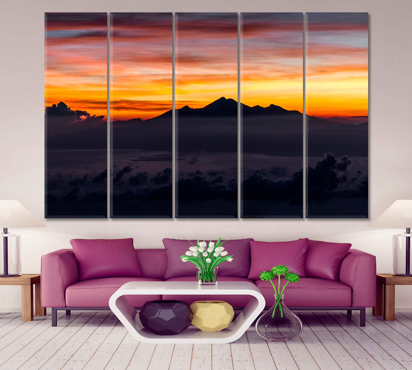 Peak Mountain Volcano View Bali Sunrise Summit Colorful Sky Panoramic Landscape Scenery Landscape Fine Art Print Artesty 5 panels 36" x 24" 