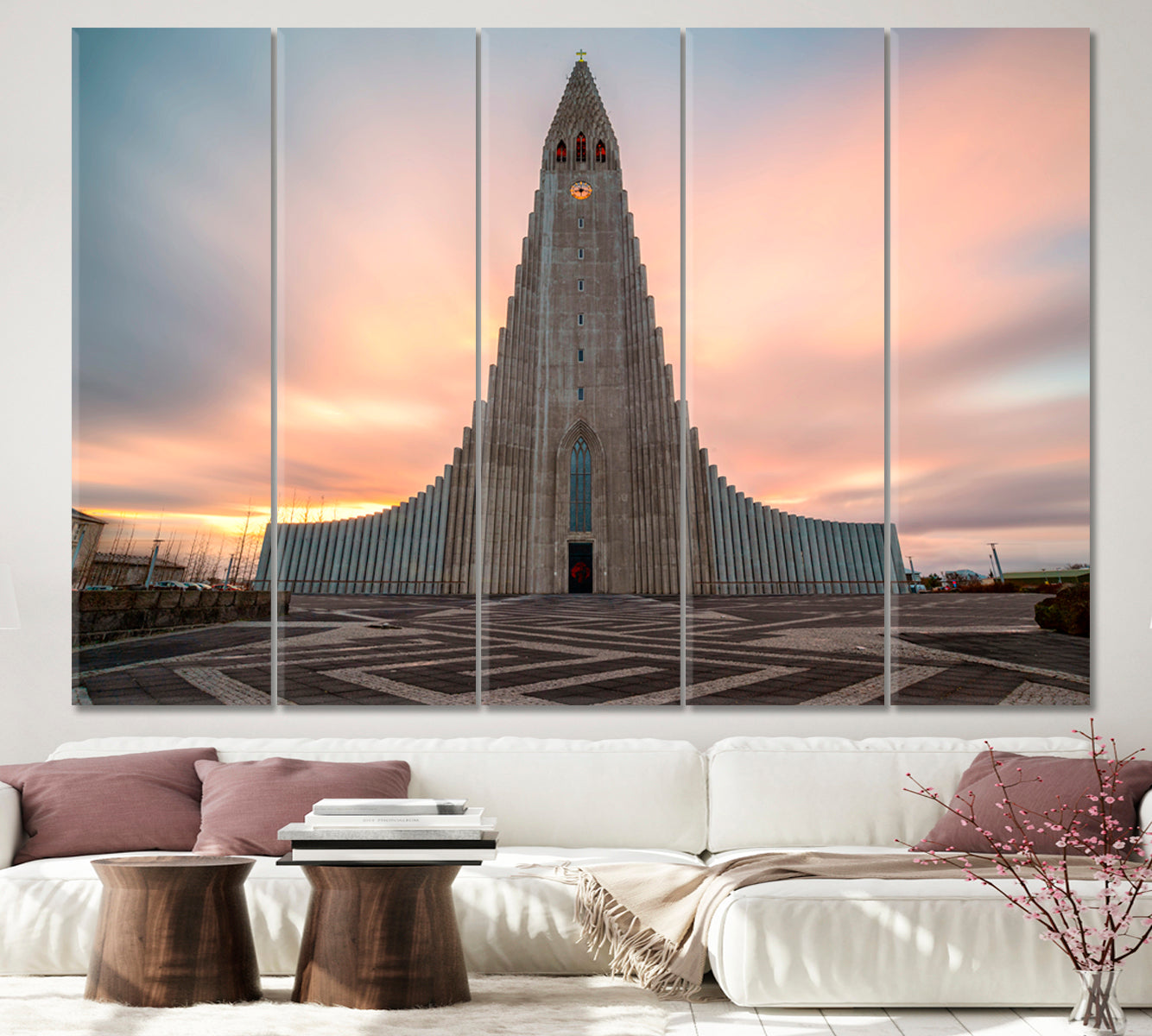 Boreal Polar Aurora Hallgrímskirkja Largest Church Iceland Reykjavík Beautiful Sunrise Landscape Canvas Print Scenery Landscape Fine Art Print Artesty 5 panels 36" x 24" 