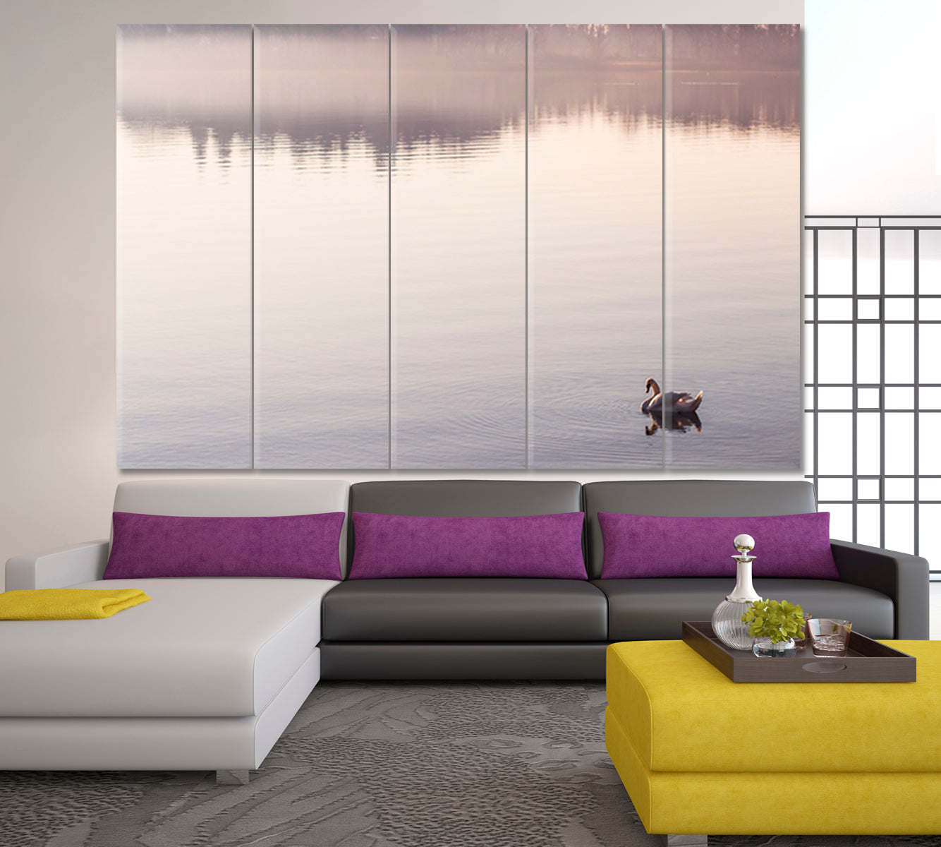 SERENITY Peaceful Landscape Water Reflection Bodensee Lake Germany Little Bird Duck Flapping Wings in the Water Scenery Landscape Fine Art Print Artesty 5 panels 36" x 24" 