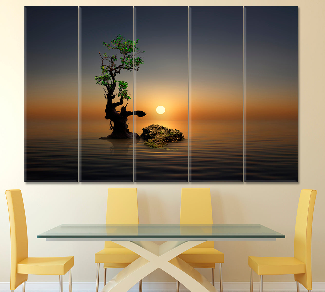 Silent Morning on the Beach Lonely Tree Fantasy Landscape Canvas Print Scenery Landscape Fine Art Print Artesty 5 panels 36" x 24" 