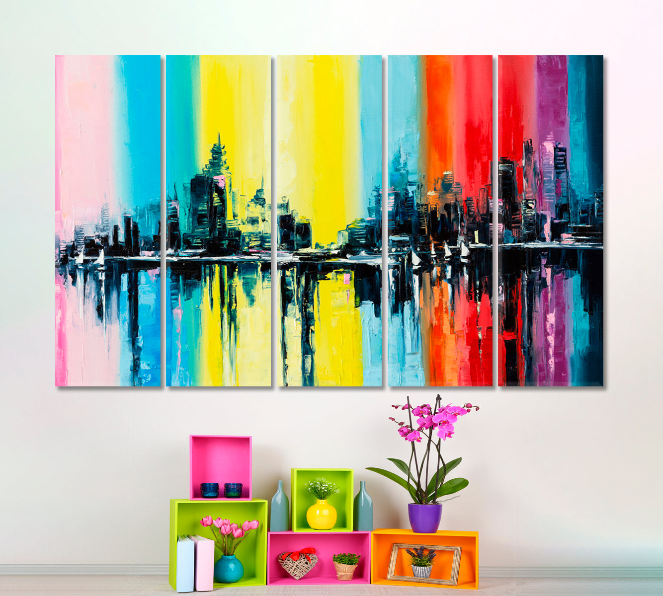 RAINBOW  Abstract Fantasy City Urban Contemporary Style Abstract Art Print Artesty 5 panels 36" x 24" 