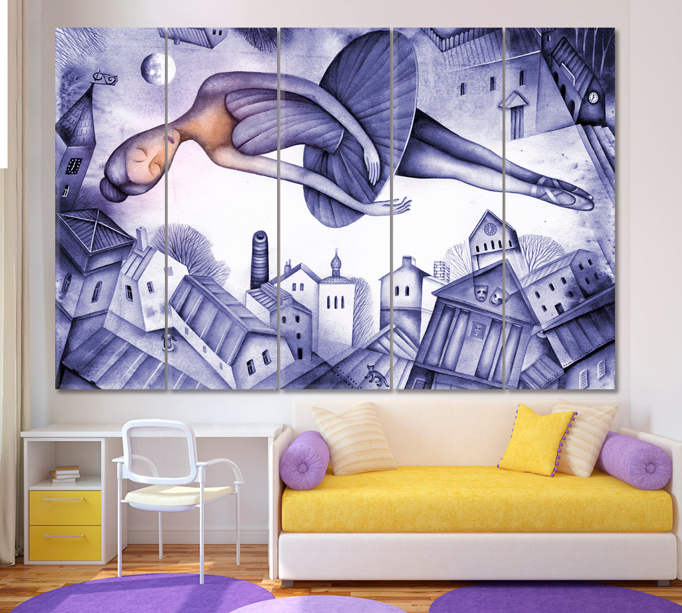 FANTASY Beautiful Ballerina Soars in a Dream Above the City, Cubist Style Canvas Print Cubist Trendy Large Art Print Artesty 5 panels 36" x 24" 