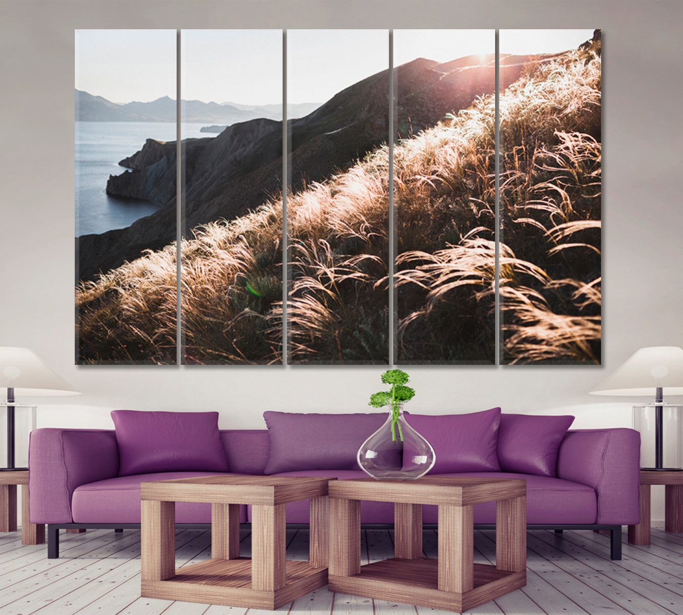 Sunset Coastline Landscape Hill Incredible Spring Field Feather Grass Nature Wall Canvas Print Artesty   