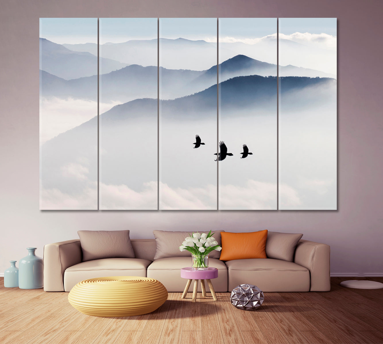 MISTY Mountains Birds Flying Sky Clouds Nature Wall Canvas Print Artesty   