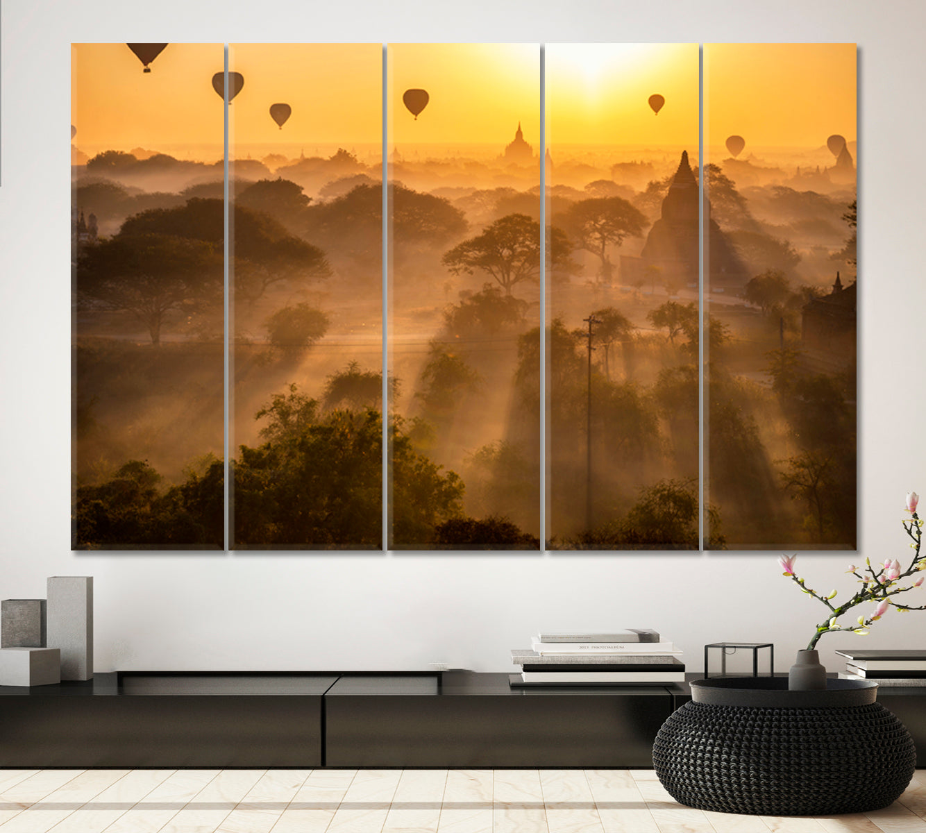 Buddhism Attraction Misty Landscape Sunrise Air Balloons Ancient Pagoda Myanmar Bagan Old Kingdom Burma Asia Asian Style Canvas Print Wall Art Artesty 5 panels 36" x 24" 