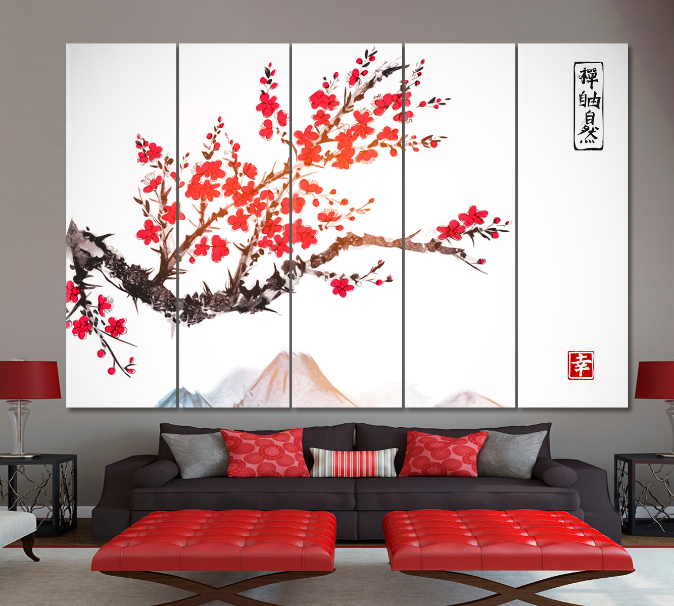 Oriental Style Mountains Sakura Japanese Cherry Bloom Trees Asian Style Canvas Print Wall Art Artesty 5 panels 36" x 24" 