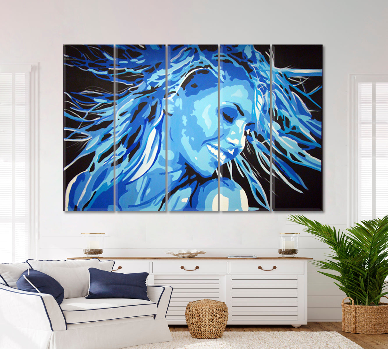 BLUE SMILE Fluttering Hair Fashion Art Portrait Hairstyle Beauty Contemporary Art Artesty 5 panels 36" x 24" 