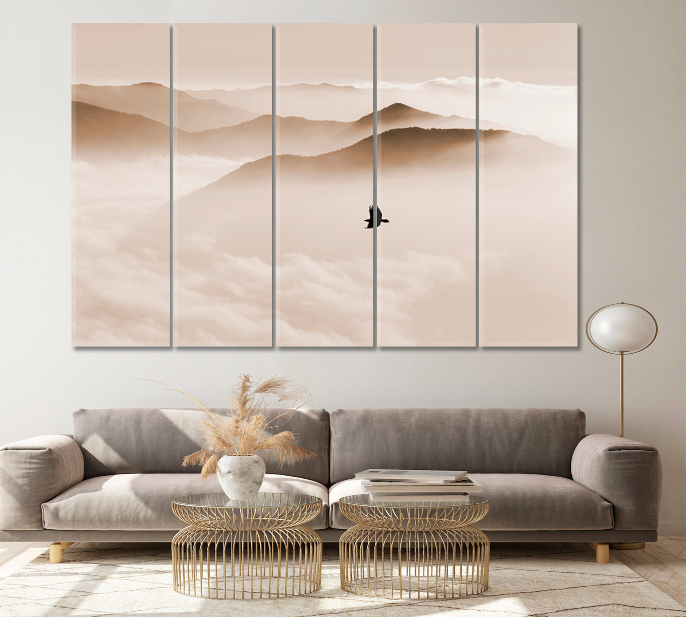 Breathtaking Landscape Sky and Mountain Mist, Silhouettes of Misty Mountains, bird flying, sepia toning Skyscape Canvas Artesty 5 panels 36" x 24" 