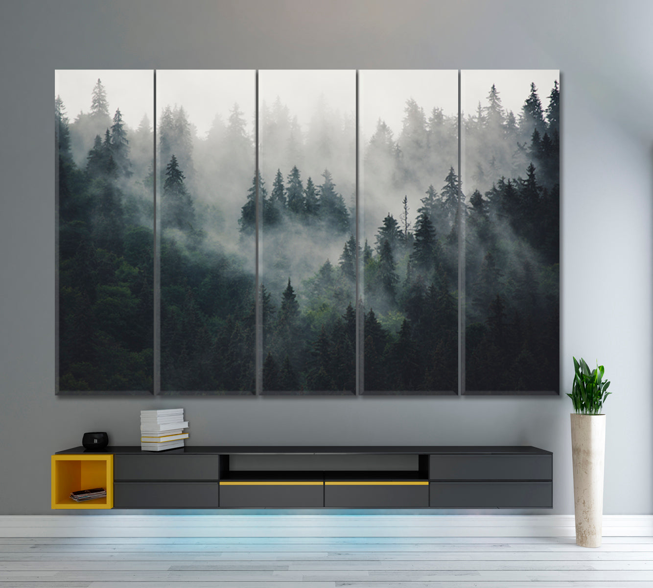 Misty Landscape Fir Forest in Hipster Vintage Retro Style Canvas Print Nature Wall Canvas Print Artesty 5 panels 36" x 24" 