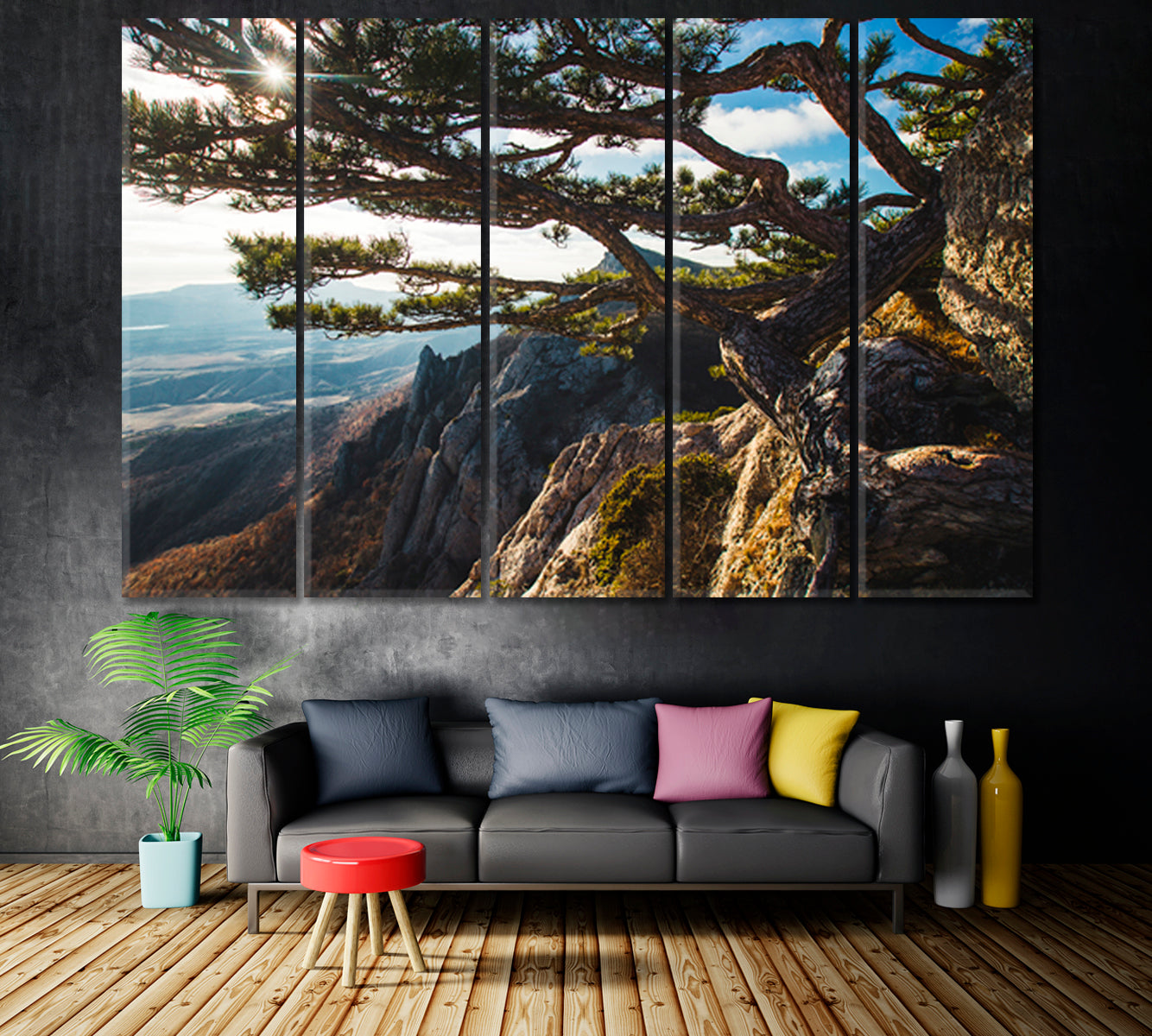 Breathtaking Beautiful Mountains Sunset Big Pine Tree on the Rock Nature Wall Canvas Print Artesty 5 panels 36" x 24" 