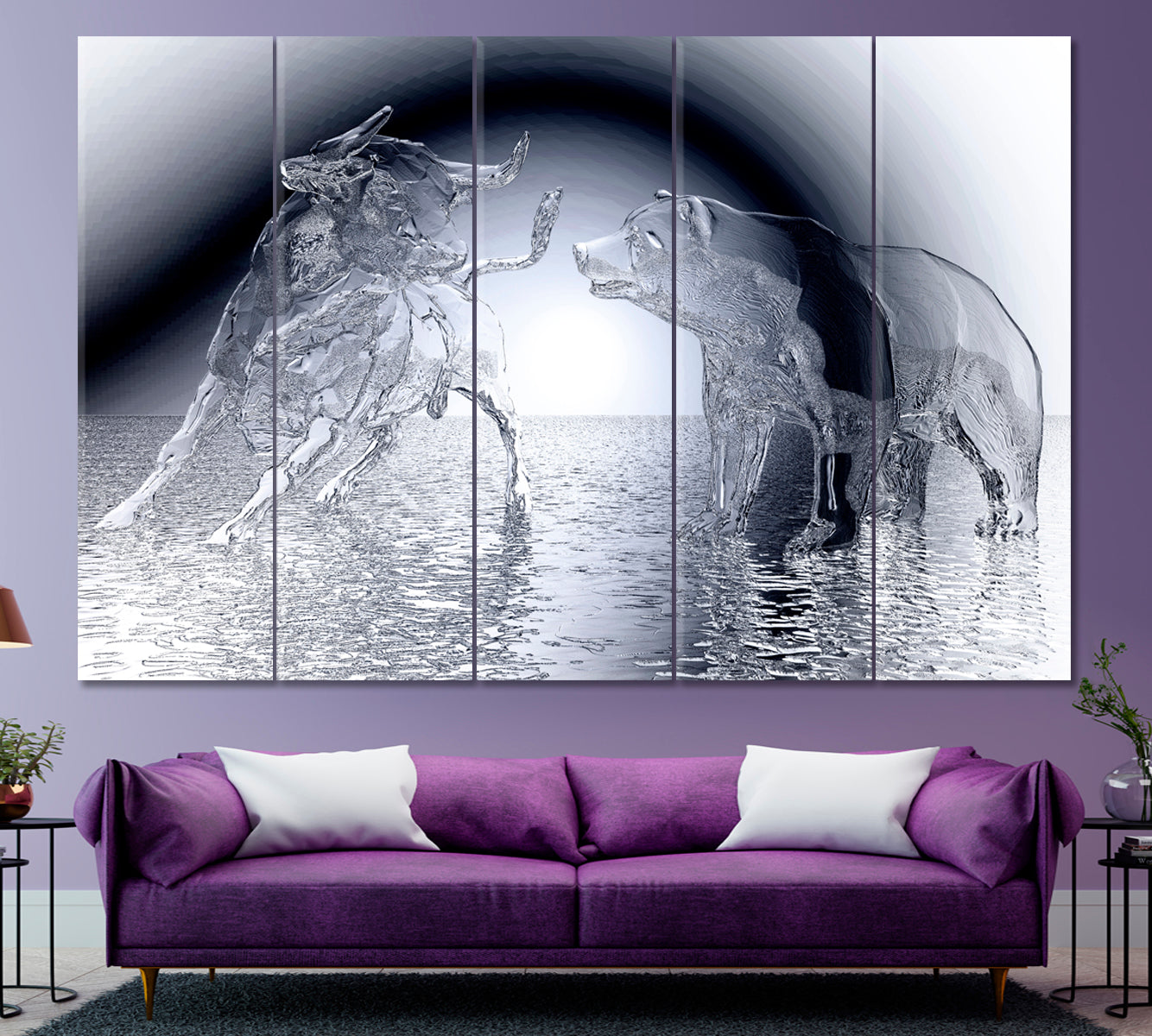 BULL AND BEAR  Financial Investment Stock Market Business Concept Canvas Print Office Wall Art Canvas Print Artesty 5 panels 36" x 24" 