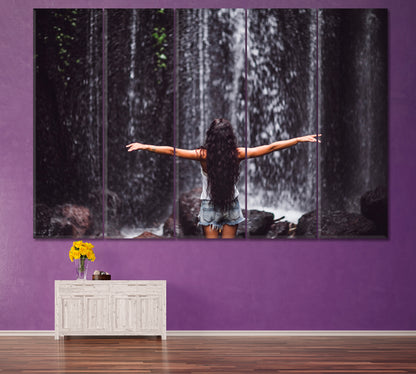 UNDER WATERFALL Cascade Tropical Rainforest Nature Beautiful Girl Nature Wall Canvas Print Artesty   