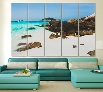 Tropical Island White Sand Beach Sea bay Clear Emerald Water Large Black Stones Idyllic Romantic Place Tropical, Exotic Art Print Artesty 5 panels 36" x 24" 