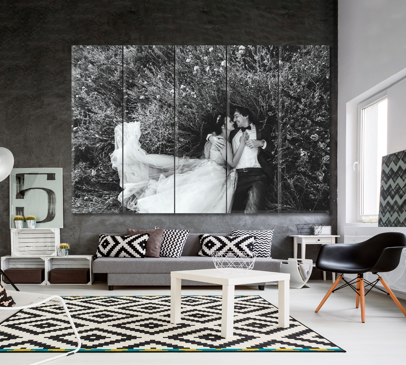 HAPPINESS Happy Life Couple Bride and Groom Wedding Love Family Marriage B&W Black and White Wall Art Print Artesty 5 panels 36" x 24" 