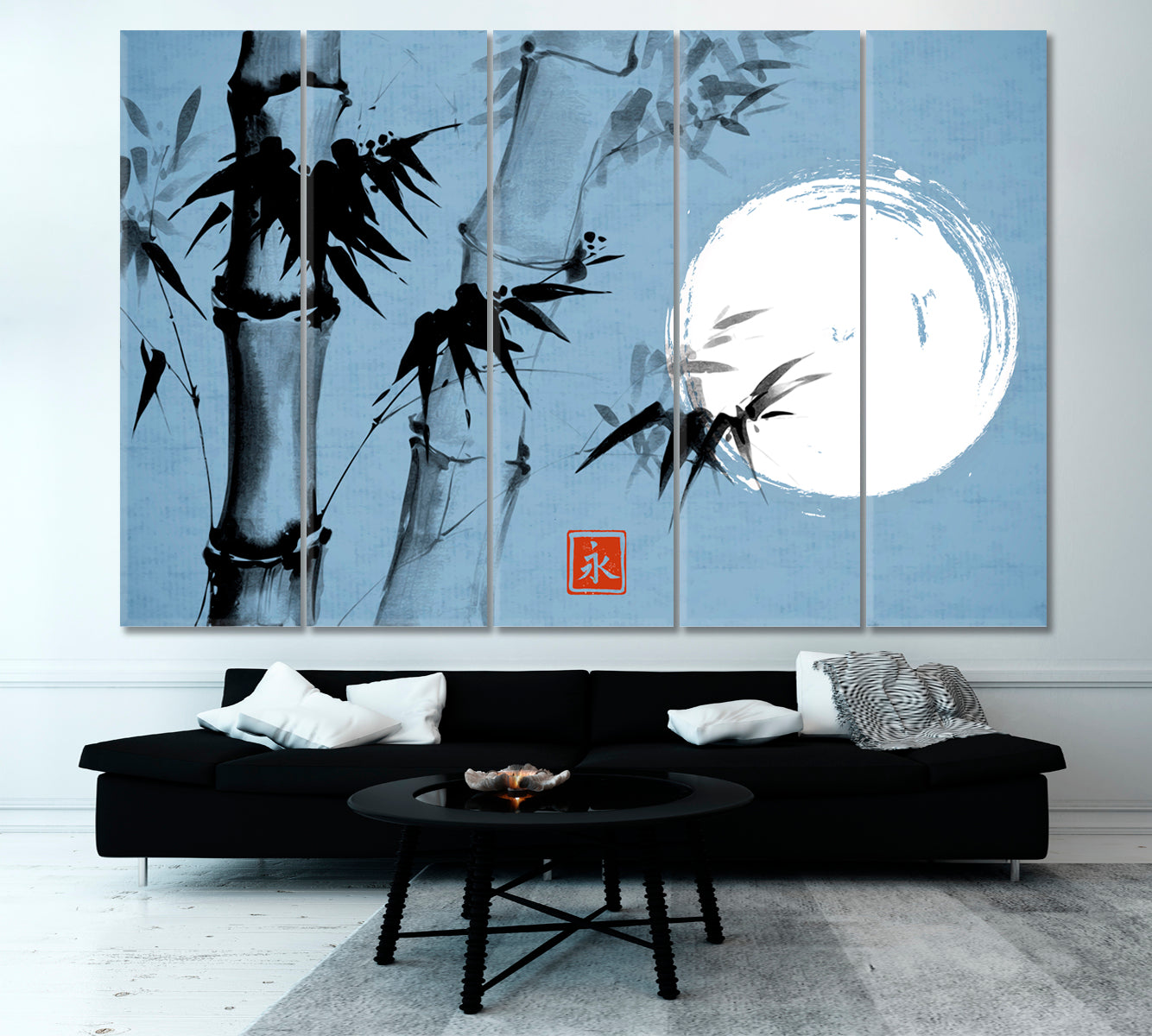 ETERNITY Sumi-e Hieroglyph Bamboo Moon Traditional Japanese Ink Canvas Print Blue Color Asian Style Canvas Print Wall Art Artesty   