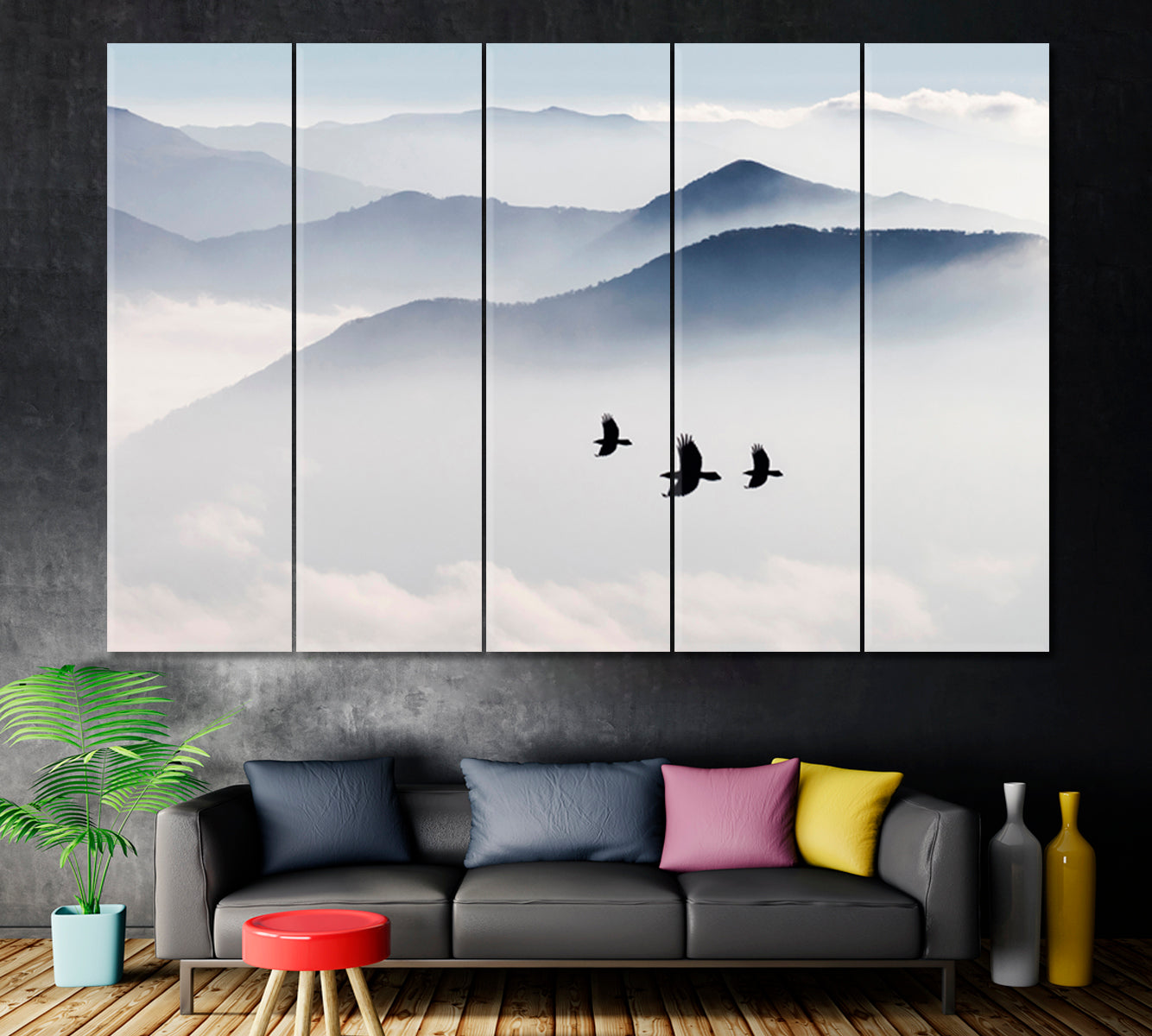 MISTY Mountains Birds Flying Sky Clouds Nature Wall Canvas Print Artesty 5 panels 36" x 24" 