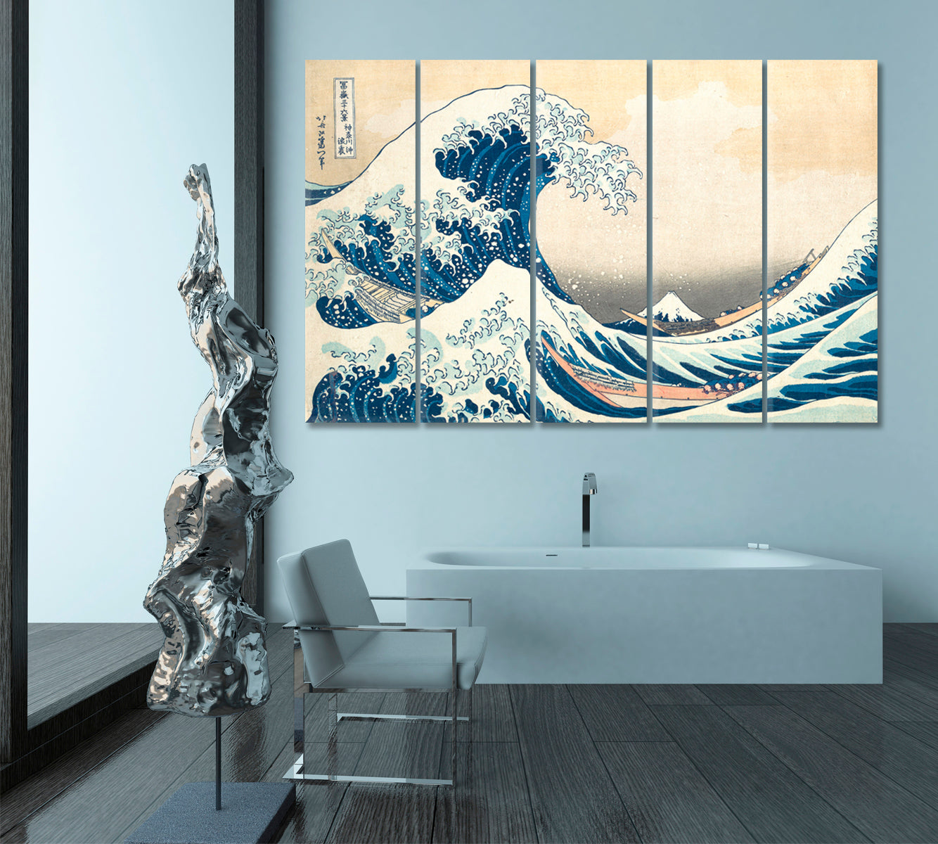 THE GREAT WAVE OFF KANAGAWA  Inspired by Japanese Artist Hokusai Asian Style Canvas Print Wall Art Artesty 5 panels 36" x 24" 