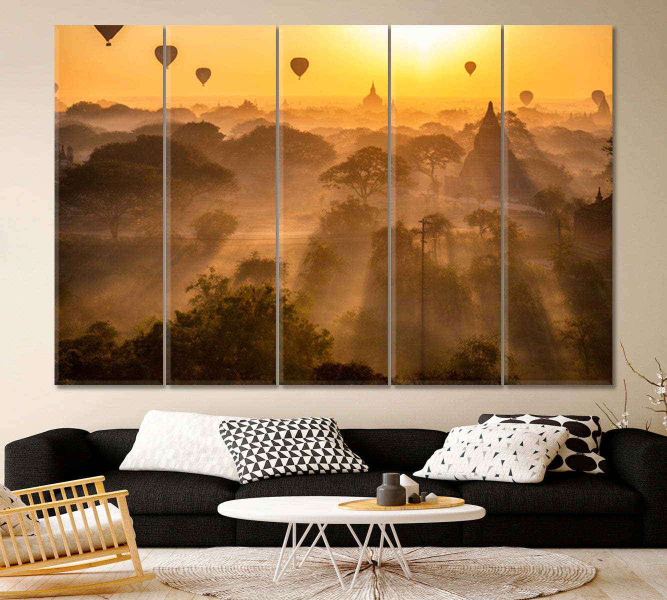 Buddhism Attraction Misty Landscape Sunrise Air Balloons Ancient Pagoda Myanmar Bagan Old Kingdom Burma Asia Asian Style Canvas Print Wall Art Artesty   