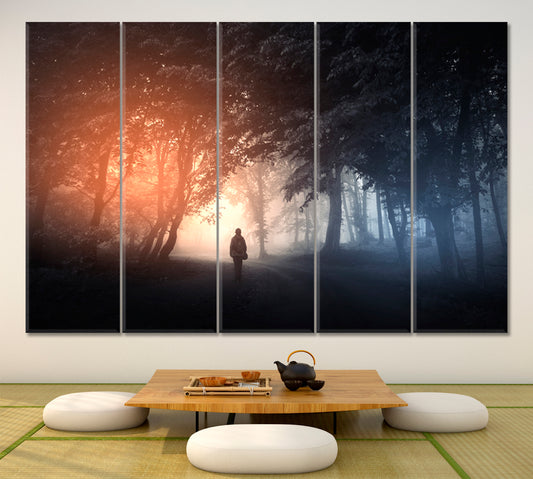 PATH TO THE LIGHT Mysterious Landscape Fantastic Surreal Misty Forest Trees Man Walking on the Path Scenery Landscape Fine Art Print Artesty