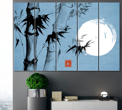 ETERNITY Sumi-e Hieroglyph Bamboo Moon Traditional Japanese Ink Canvas Print Blue Color Asian Style Canvas Print Wall Art Artesty   