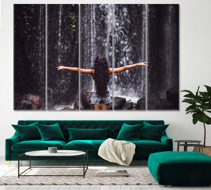 UNDER WATERFALL Cascade Tropical Rainforest Nature Beautiful Girl Nature Wall Canvas Print Artesty 5 panels 36" x 24" 