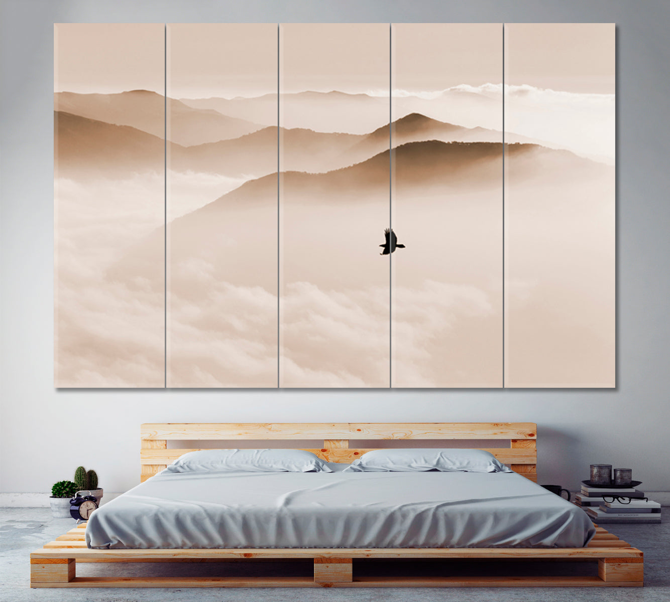 Breathtaking Landscape Sky and Mountain Mist, Silhouettes of Misty Mountains, bird flying, sepia toning Skyscape Canvas Artesty   