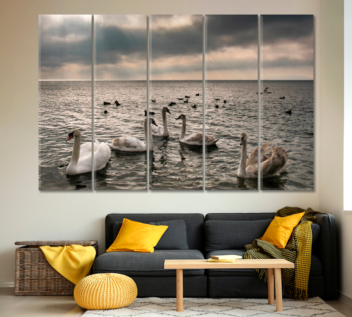 Panoramic Nature Landscape Graceful Wild Swan Flock Beautiful Birds Animals Canvas Print Artesty 5 panels 36" x 24" 