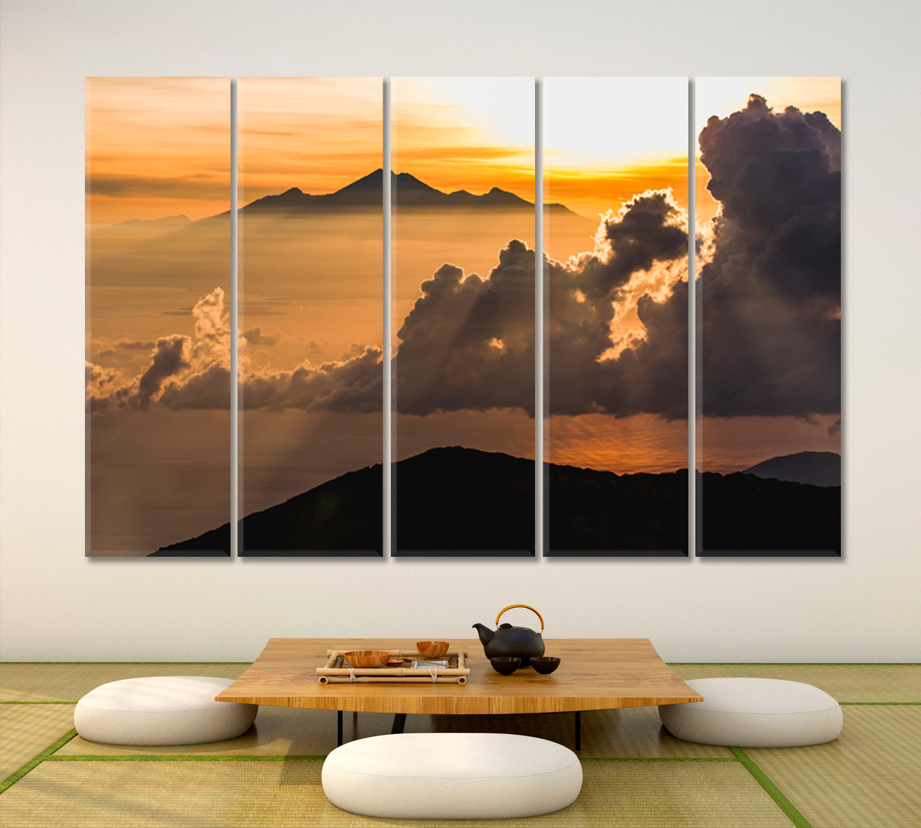 Mount Agung Volcano Rinjani Peak Sunrays Colorful Sky Panoramic Landscape Scenery Landscape Fine Art Print Artesty 5 panels 36" x 24" 