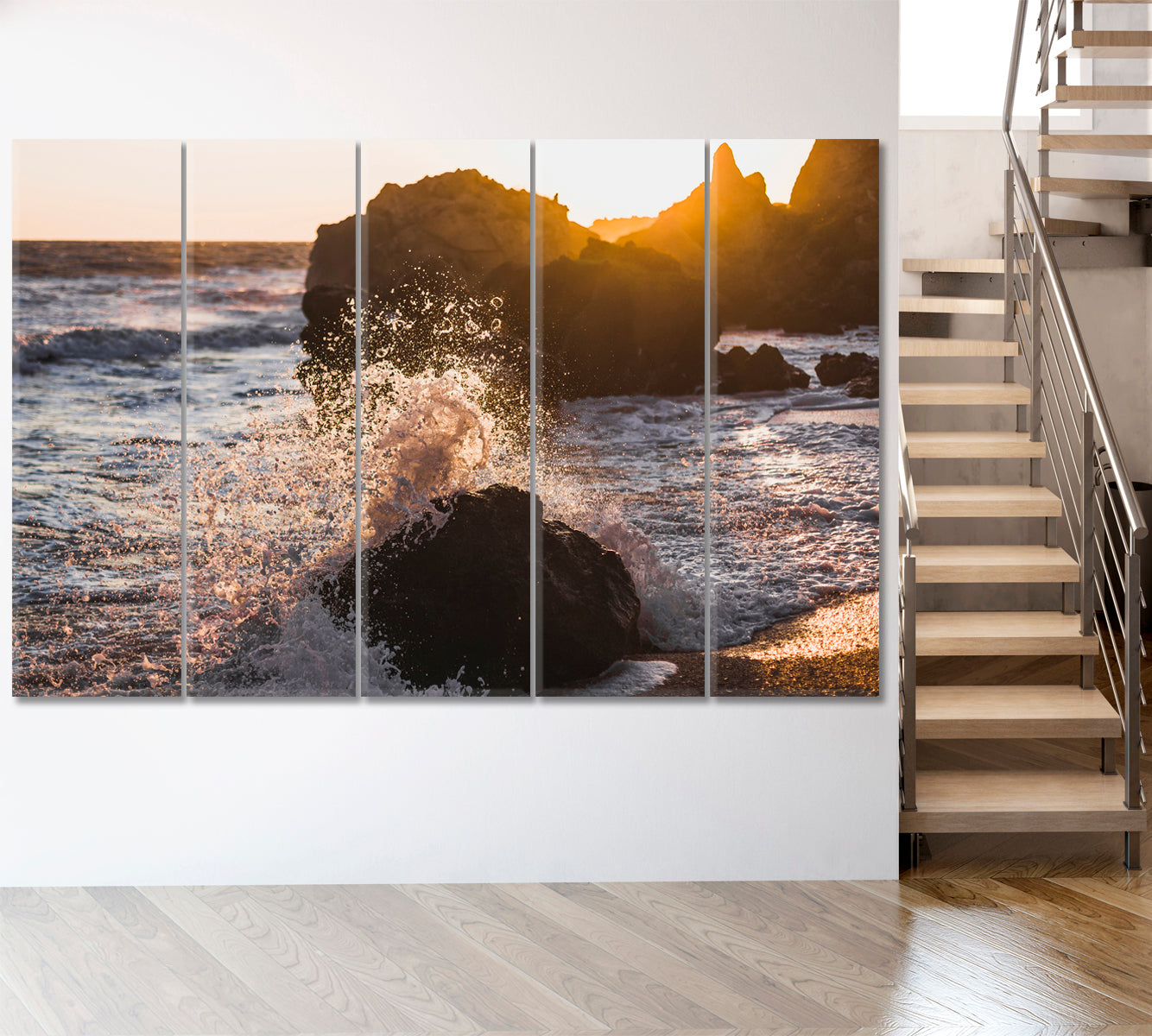 Waves Crashing on Rocks Sunlight Sea Marina Scenery Seascape Nature Wall Canvas Print Artesty 5 panels 36" x 24" 