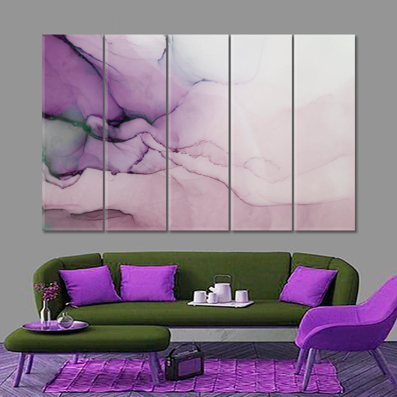 PURPLE INK Asia Oriental Style Abstract Marble Fluid Art, Oriental Marbling Canvas Print Artesty 5 panels 36" x 24" 