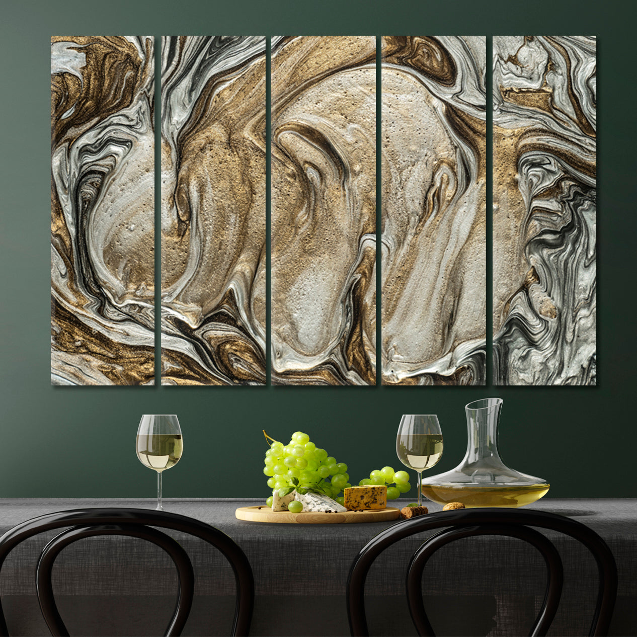 EBRU Golden Glossy Effect Grey Brown Marble Abstract Pattern Modern Fluid Art, Oriental Marbling Canvas Print Artesty 5 panels 36" x 24" 