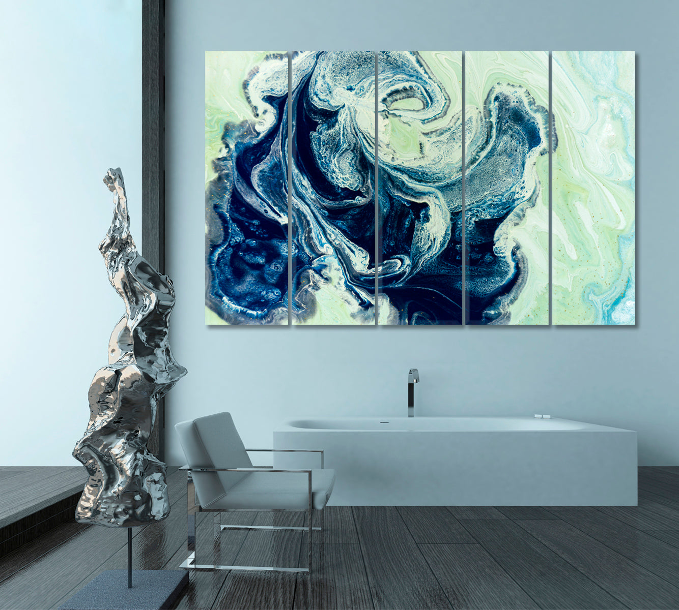 FLUFFY CLOUDS Ink in Water Oriental Abstract Blu Marble Fluid Art, Oriental Marbling Canvas Print Artesty 5 panels 36" x 24" 