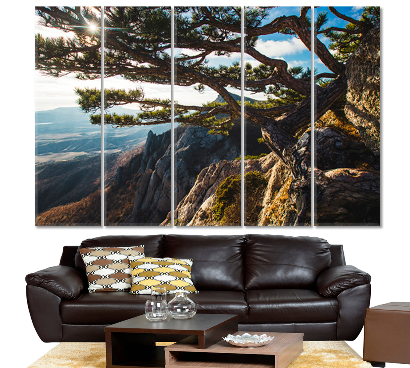 Breathtaking Beautiful Mountains Sunset Big Pine Tree on the Rock Nature Wall Canvas Print Artesty   