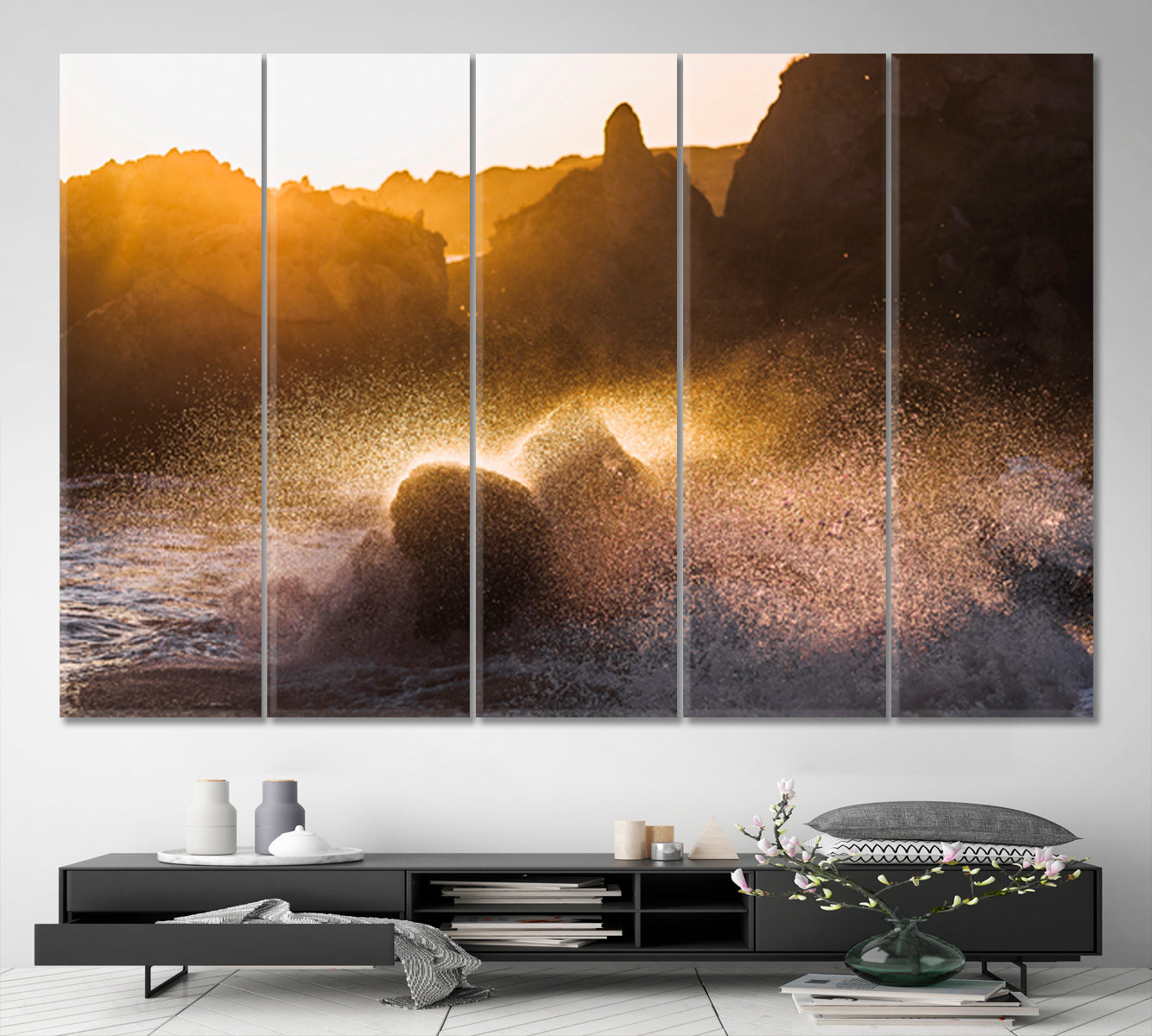 CLIFF Waves crashing on Rocks in Sunlight Nature Wall Canvas Print Artesty 5 panels 36" x 24" 