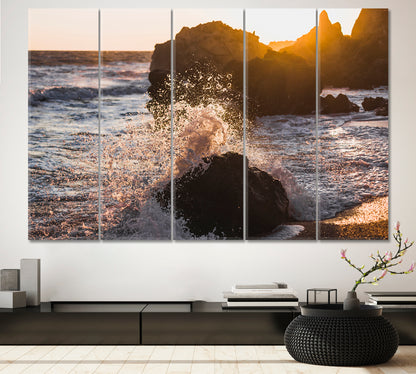 Waves Crashing on Rocks Sunlight Sea Marina Scenery Seascape Nature Wall Canvas Print Artesty   