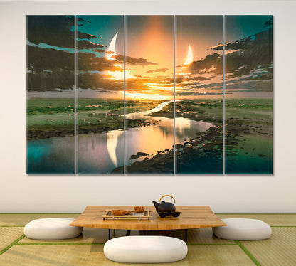 Beautiful Fantasy Landscape Water Road Dark Clouds Crescent Moon Sky Scenery Landscape Fine Art Print Artesty 5 panels 36" x 24" 