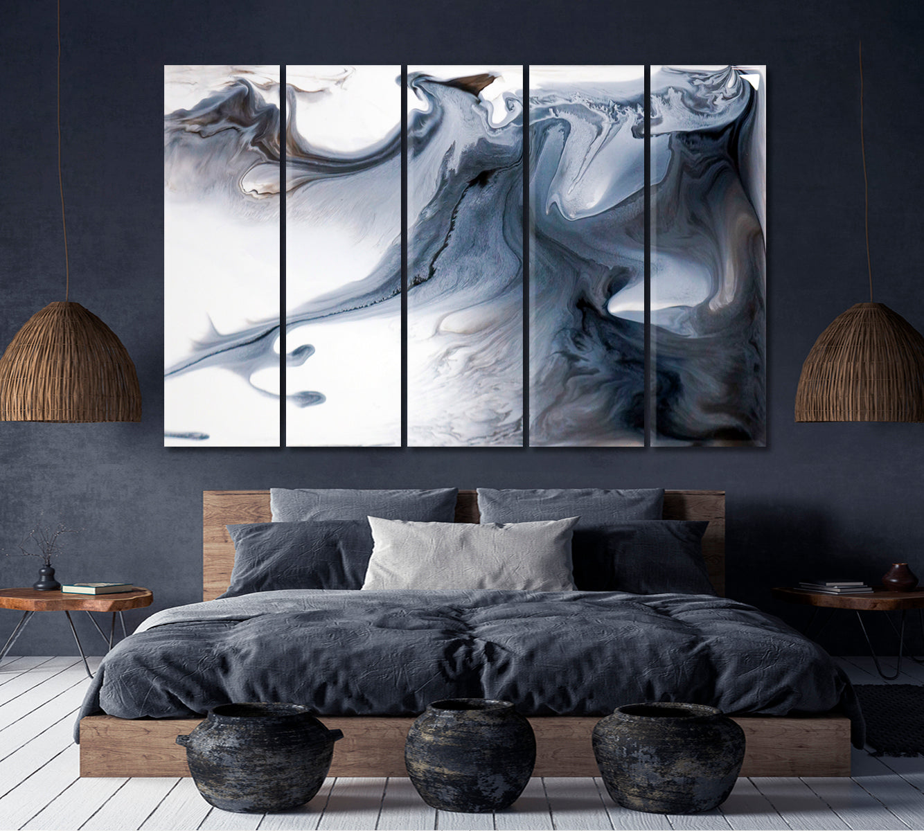 Abstract Gray Flow Clouds Painting Fluid Art, Oriental Marbling Canvas Print Artesty 5 panels 36" x 24" 