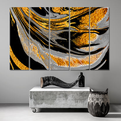 Bright Black Grey Gold Swirls Oriental Suminagashi Japanese Marble Fluid Art, Oriental Marbling Canvas Print Artesty   