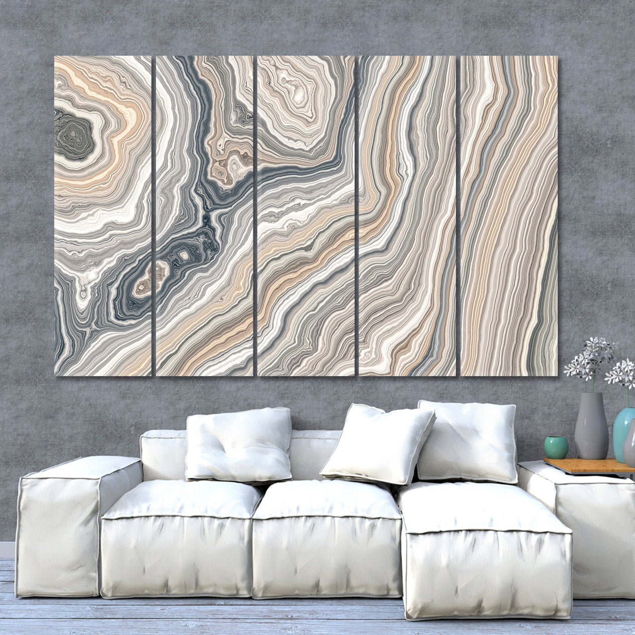 Beautiful Curly Marble Texture Abstract Pastel Grey Beige Swirls Fluid Art, Oriental Marbling Canvas Print Artesty 5 panels 36" x 24" 